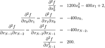 \begin{eqnarray*} \frac{\partial^{2}f}{\partial x_{0}^{2}} & = & 1200x_{0}^{2}-400x_{1}+2,\\ \frac{\partial^{2}f}{\partial x_{0}\partial x_{1}}=\frac{\partial^{2}f}{\partial x_{1}\partial x_{0}} & = & -400x_{0},\\ \frac{\partial^{2}f}{\partial x_{N-1}\partial x_{N-2}}=\frac{\partial^{2}f}{\partial x_{N-2}\partial x_{N-1}} & = & -400x_{N-2},\\ \frac{\partial^{2}f}{\partial x_{N-1}^{2}} & = & 200.\end{eqnarray*}