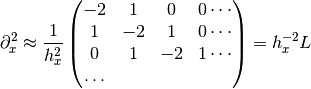 \partial_x^2 \approx \frac{1}{h_x^2} \begin{pmatrix}
-2 & 1 & 0 & 0 \cdots \\
1 & -2 & 1 & 0 \cdots \\
0 & 1 & -2 & 1 \cdots \\
\ldots
\end{pmatrix}
= h_x^{-2} L