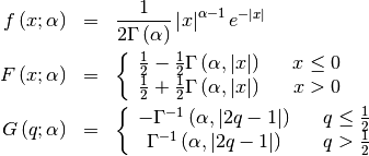 \begin{eqnarray*} f\left(x;\alpha\right) & = & \frac{1}{2\Gamma\left(\alpha\right)}\left|x\right|^{\alpha-1}e^{-\left|x\right|}\\ F\left(x;\alpha\right) & = & \left\{ \begin{array}{ccc} \frac{1}{2}-\frac{1}{2}\Gamma\left(\alpha,\left|x\right|\right) &  & x\leq0\\ \frac{1}{2}+\frac{1}{2}\Gamma\left(\alpha,\left|x\right|\right) &  & x>0\end{array}\right.\\ G\left(q;\alpha\right) & = & \left\{ \begin{array}{ccc} -\Gamma^{-1}\left(\alpha,\left|2q-1\right|\right) &  & q\leq\frac{1}{2}\\ \Gamma^{-1}\left(\alpha,\left|2q-1\right|\right) &  & q>\frac{1}{2}\end{array}\right.\end{eqnarray*}