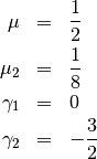\begin{eqnarray*} \mu & = & \frac{1}{2}\\ \mu_{2} & = & \frac{1}{8}\\ \gamma_{1} & = & 0\\ \gamma_{2} & = & -\frac{3}{2}\end{eqnarray*}