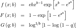 \begin{eqnarray*} f\left(x;b\right) & = & ebx^{b-1}\exp\left[x^{b}-e^{x^{b}}\right]\\ F\left(x;b\right) & = & 1-\exp\left[1-e^{x^{b}}\right]\\ G\left(q;b\right) & = & \log^{1/b}\left[1-\log\left(1-q\right)\right]\end{eqnarray*}