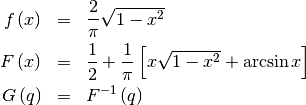\begin{eqnarray*} f\left(x\right) & = & \frac{2}{\pi}\sqrt{1-x^{2}}\\ F\left(x\right) & = & \frac{1}{2}+\frac{1}{\pi}\left[x\sqrt{1-x^{2}}+\arcsin x\right]\\ G\left(q\right) & = & F^{-1}\left(q\right)\end{eqnarray*}
