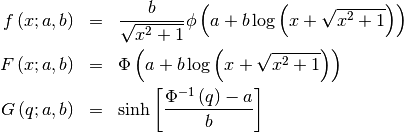 \begin{eqnarray*} f\left(x;a,b\right) & = & \frac{b}{\sqrt{x^{2}+1}}\phi\left(a+b\log\left(x+\sqrt{x^{2}+1}\right)\right)\\ F\left(x;a,b\right) & = & \Phi\left(a+b\log\left(x+\sqrt{x^{2}+1}\right)\right)\\ G\left(q;a,b\right) & = & \sinh\left[\frac{\Phi^{-1}\left(q\right)-a}{b}\right]\end{eqnarray*}