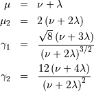 \begin{eqnarray*} \mu & = & \nu+\lambda\\ \mu_{2} & = & 2\left(\nu+2\lambda\right)\\ \gamma_{1} & = & \frac{\sqrt{8}\left(\nu+3\lambda\right)}{\left(\nu+2\lambda\right)^{3/2}}\\ \gamma_{2} & = & \frac{12\left(\nu+4\lambda\right)}{\left(\nu+2\lambda\right)^{2}}\end{eqnarray*}