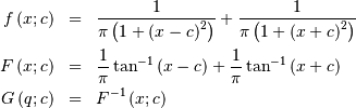 \begin{eqnarray*} f\left(x;c\right) & = & \frac{1}{\pi\left(1+\left(x-c\right)^{2}\right)}+\frac{1}{\pi\left(1+\left(x+c\right)^{2}\right)}\\ F\left(x;c\right) & = & \frac{1}{\pi}\tan^{-1}\left(x-c\right)+\frac{1}{\pi}\tan^{-1}\left(x+c\right)\\ G\left(q;c\right) & = & F^{-1}\left(x;c\right)\end{eqnarray*}