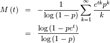 \begin{eqnarray*} M\left(t\right) & = & -\frac{1}{\log\left(1-p\right)}\sum_{k=1}^{\infty}\frac{e^{tk}p^{k}}{k}\\  & = & \frac{\log\left(1-pe^{t}\right)}{\log\left(1-p\right)}\end{eqnarray*}