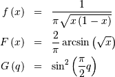 \begin{eqnarray*} f\left(x\right) & = & \frac{1}{\pi\sqrt{x\left(1-x\right)}}\\ F\left(x\right) & = & \frac{2}{\pi}\arcsin\left(\sqrt{x}\right)\\ G\left(q\right) & = & \sin^{2}\left(\frac{\pi}{2}q\right)\end{eqnarray*}