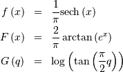 \begin{eqnarray*} f\left(x\right) & = & \frac{1}{\pi}\mathrm{sech}\left(x\right)\\ F\left(x\right) & = & \frac{2}{\pi}\arctan\left(e^{x}\right)\\ G\left(q\right) & = & \log\left(\tan\left(\frac{\pi}{2}q\right)\right)\end{eqnarray*}