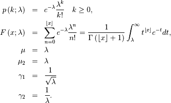 \begin{eqnarray*} p\left(k;\lambda\right) & = & e^{-\lambda}\frac{\lambda^{k}}{k!}\quad k\geq0,\\ F\left(x;\lambda\right) & = & \sum_{n=0}^{\left\lfloor x\right\rfloor }e^{-\lambda}\frac{\lambda^{n}}{n!}=\frac{1}{\Gamma\left(\left\lfloor x\right\rfloor +1\right)}\int_{\lambda}^{\infty}t^{\left\lfloor x\right\rfloor }e^{-t}dt,\\ \mu & = & \lambda\\ \mu_{2} & = & \lambda\\ \gamma_{1} & = & \frac{1}{\sqrt{\lambda}}\\ \gamma_{2} & = & \frac{1}{\lambda}.\end{eqnarray*}