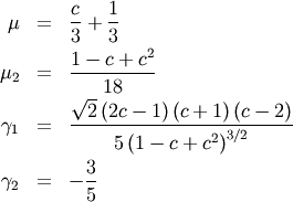 \begin{eqnarray*} \mu & = & \frac{c}{3}+\frac{1}{3}\\ \mu_{2} & = & \frac{1-c+c^{2}}{18}\\ \gamma_{1} & = & \frac{\sqrt{2}\left(2c-1\right)\left(c+1\right)\left(c-2\right)}{5\left(1-c+c^{2}\right)^{3/2}}\\ \gamma_{2} & = & -\frac{3}{5}\end{eqnarray*}