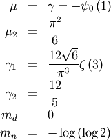 \begin{eqnarray*} \mu & = & \gamma=-\psi_{0}\left(1\right)\\ \mu_{2} & = & \frac{\pi^{2}}{6}\\ \gamma_{1} & = & \frac{12\sqrt{6}}{\pi^{3}}\zeta\left(3\right)\\ \gamma_{2} & = & \frac{12}{5}\\ m_{d} & = & 0\\ m_{n} & = & -\log\left(\log2\right)\end{eqnarray*}