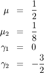 \begin{eqnarray*} \mu & = & \frac{1}{2}\\ \mu_{2} & = & \frac{1}{8}\\ \gamma_{1} & = & 0\\ \gamma_{2} & = & -\frac{3}{2}\end{eqnarray*}