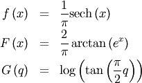 \begin{eqnarray*} f\left(x\right) & = & \frac{1}{\pi}\textrm{sech}\left(x\right)\\ F\left(x\right) & = & \frac{2}{\pi}\arctan\left(e^{x}\right)\\ G\left(q\right) & = & \log\left(\tan\left(\frac{\pi}{2}q\right)\right)\end{eqnarray*}