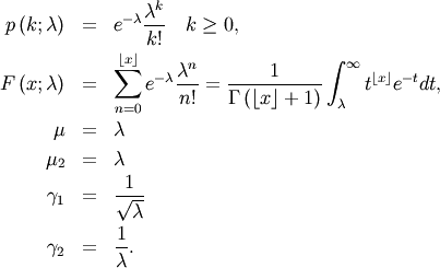 \begin{eqnarray*} p\left(k;\lambda\right) & = & e^{-\lambda}\frac{\lambda^{k}}{k!}\quad k\geq0,\\ F\left(x;\lambda\right) & = & \sum_{n=0}^{\left\lfloor x\right\rfloor }e^{-\lambda}\frac{\lambda^{n}}{n!}=\frac{1}{\Gamma\left(\left\lfloor x\right\rfloor +1\right)}\int_{\lambda}^{\infty}t^{\left\lfloor x\right\rfloor }e^{-t}dt,\\ \mu & = & \lambda\\ \mu_{2} & = & \lambda\\ \gamma_{1} & = & \frac{1}{\sqrt{\lambda}}\\ \gamma_{2} & = & \frac{1}{\lambda}.\end{eqnarray*}
