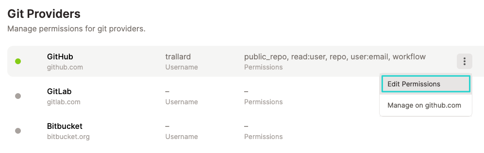 Gitpod dashboard integrations section - edit GitHub permissions dropdown expanded