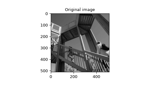"This code displays two plots. The first plot is a grayscale photo of two people climbing a wooden staircase taken from below. The second plot has the 2-D gaussian FIR window applied and appears very blurry. You can still tell it's a photo but the subject is ambiguous."