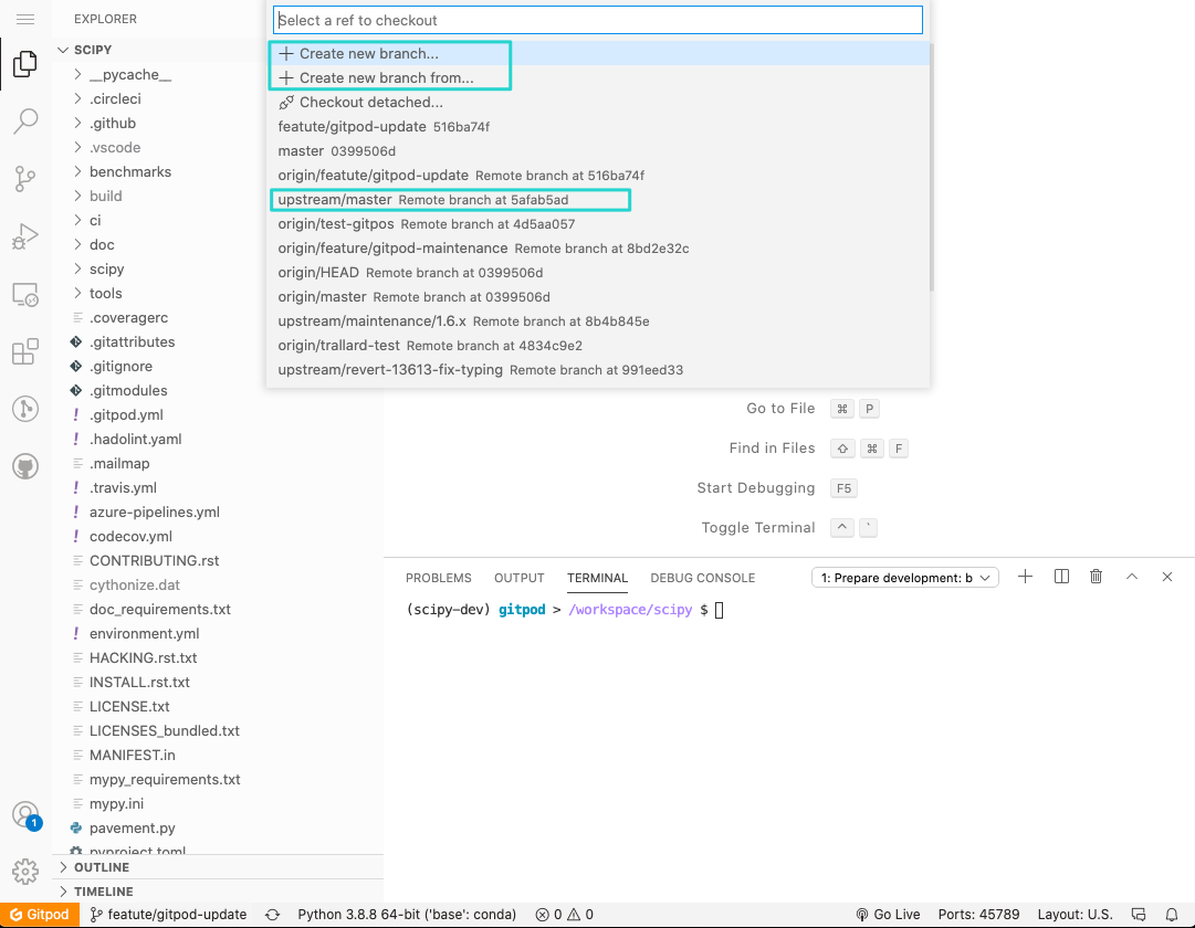 Gitpod workspace branches plugin screenshot