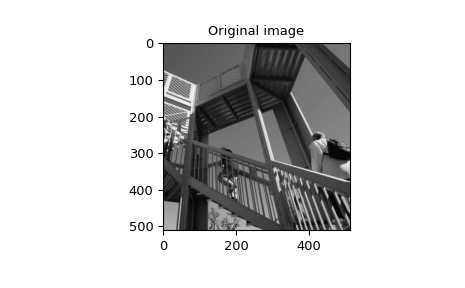 "This code displays two plots. The first plot is a grayscale photo of two people climbing a wooden staircase taken from below. The second plot has the 2-D gaussian FIR window applied and appears very blurry. You can still tell it's a photo but the subject is ambiguous."